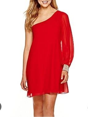 City Triangles One Shoulder Mini Dress Red Rhinestone Embellished Cuff SMALL